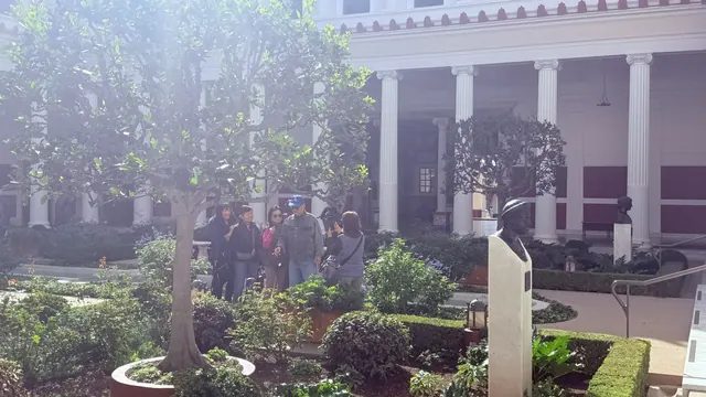 Residents strolling among the trees in the museum's landscaped courtyard